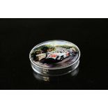 Silver Pill Box with enamel set lid depicting a Classic Car
