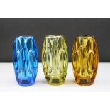 Three Czech Sklo Union glassworks Lens Vases - Kingfisher Blue, Orange and Yellow, 15cms high
