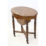 Late 19th century Mahogany Sewing Table, the hinged oval lid opening to reveal a fitted interior,