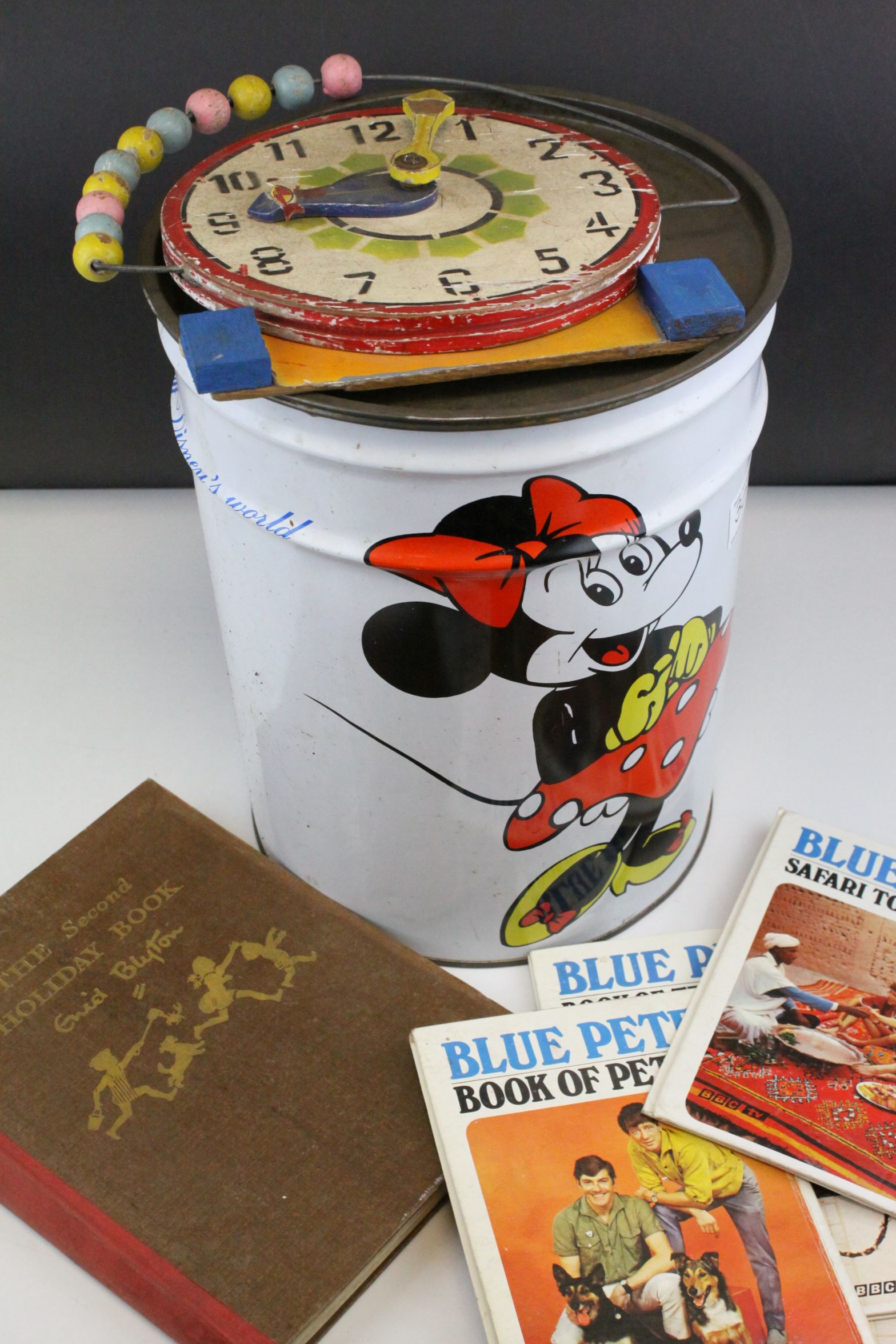 Large Vintage Disney World Mini Mouse Tin containing Blue Peter Books and a Wooden Time Learning