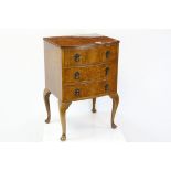 Mid 20th century Queen Anne Style Burr Wood Small Bow Fronted Chest of Three Drawers raised on