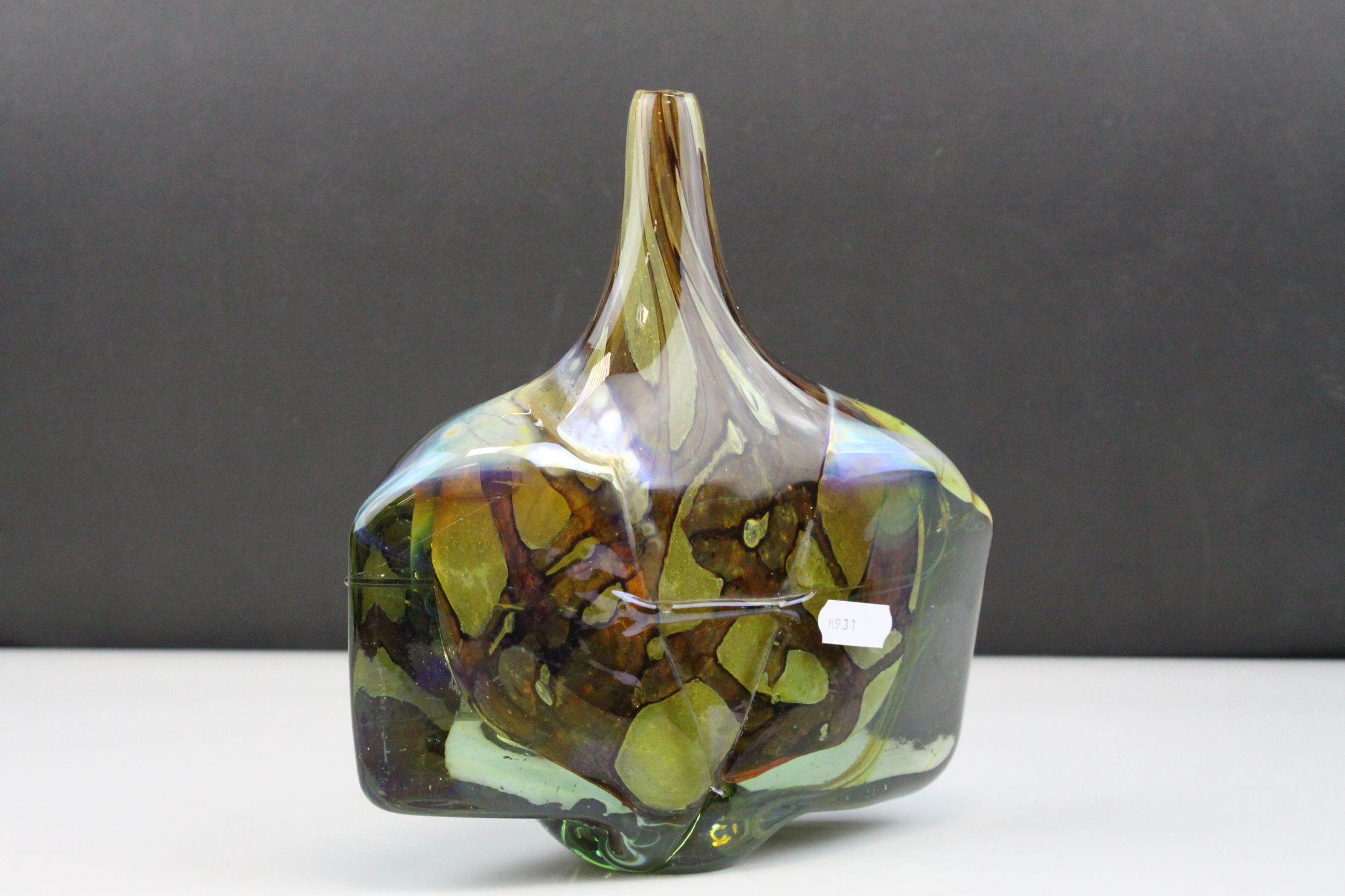 Mdina Glass Axe or Fish Vase with internal brown veins on a yellow / green ground, signed and