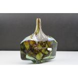 Mdina Glass Axe or Fish Vase with internal brown veins on a yellow / green ground, signed and