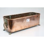 Copper Rectangular Planter with Brass Ring Lion Mask Handles and Brass Paw Feet, 37cms long