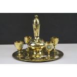 Brass Eastern Tray with Carafe and Four Cups decorated with Turquoise and Red Stone Doves carrying