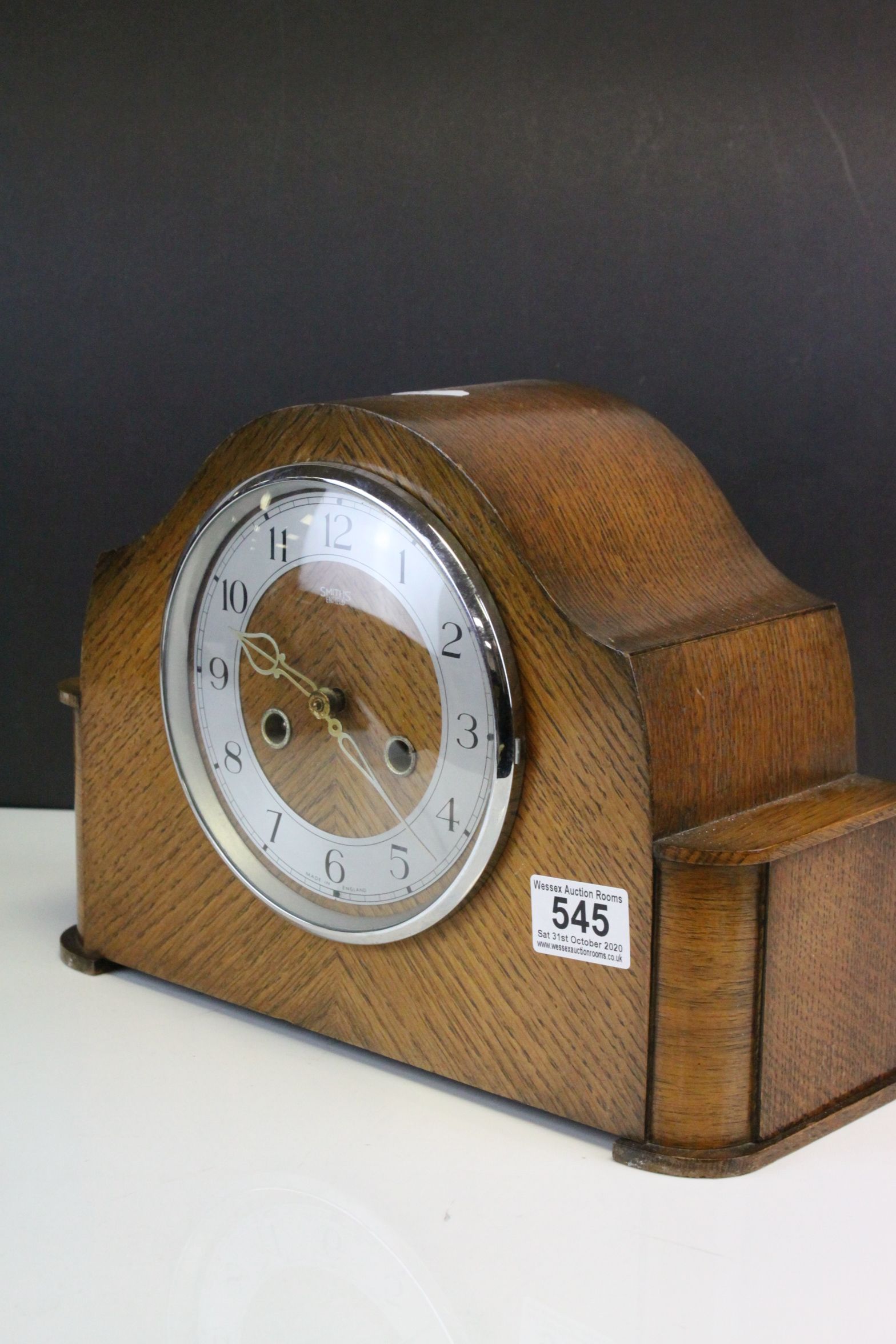 Mid 20th century oak cased two train movement bracket clock and a small mahogany cased mantle - Image 3 of 5
