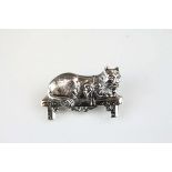 Silver Cat on a Bench Figural Brooch