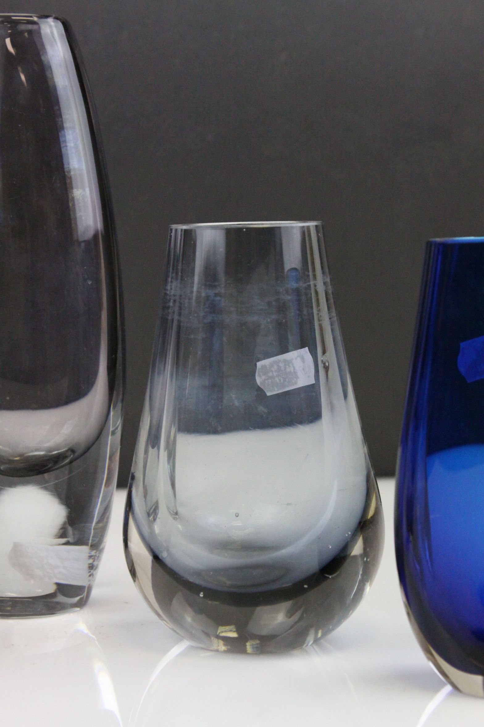 Three Whitefriars Smokey Glass Vases, tallest 20cms high together with a Studio Blue Glass Vase - Image 4 of 10