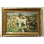 A large 20th century gilt framed oil on canvas a group of figures with horses possibly a horse