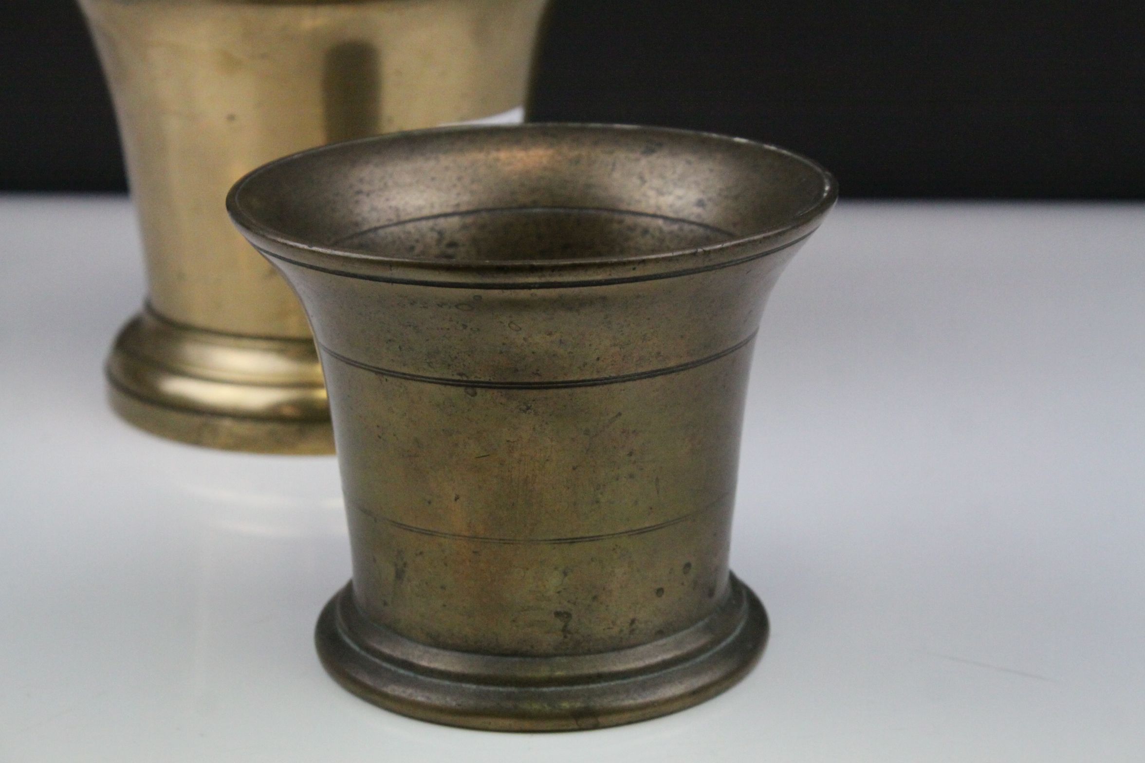 Large 19th century Brass / Bell Metal Pestle and Mortar, 17cms diameter together with another Bell - Image 6 of 8