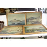 Set of Four Oil Paintings on Canvas depicting Mediterranean Coastal Scenes, some damage, unsigned,