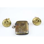 Pair of Brass Military style Cufflinks and a Brass Vesta Case