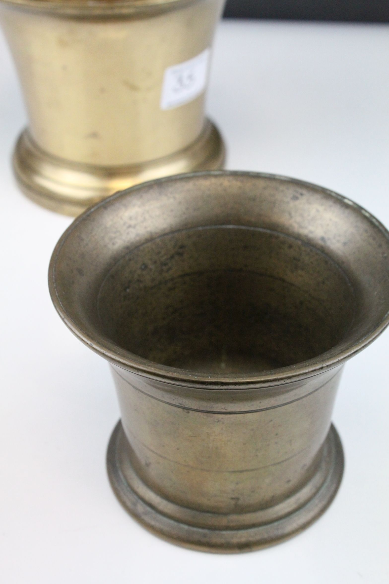Large 19th century Brass / Bell Metal Pestle and Mortar, 17cms diameter together with another Bell - Image 7 of 8