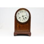 Edwardian Mahogany Inlaid Domed Cased Mantle Clock, 8 day movement with silvered face, 28cms high
