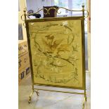 Brass Firescreen with Embroidered Silk Panel depicting a Pheonix, 60cms wide x 87cms high