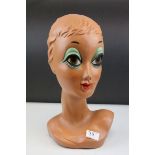 Retro 1960's Style Plastic Shop Display Mannequin Head of a Big Eyed Girl, 37cms high