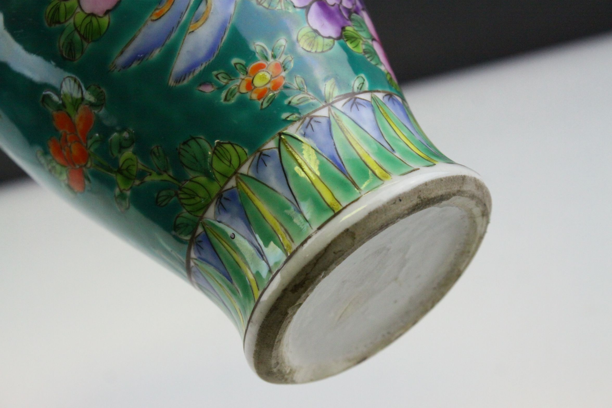 A chinese green ground vase decorated with flowers and exotic birds. - Image 3 of 6