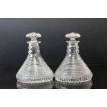Pair of Georgian style ' Ship's ' Decanters of unusually small size, with stepped decoration and