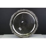 Silver Plated Circular Salver with a Chased Foliate Scroll Border, raised on Three Legs, 40cms