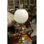 Brass Oil Lamp with Bulbous Opaque Glass Shade and Chimney, 52cms high