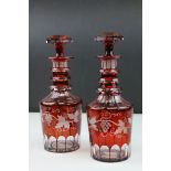 Pair of 19th century Bohemian Red Decanters with etched leaf and vine decoration, 24cms high
