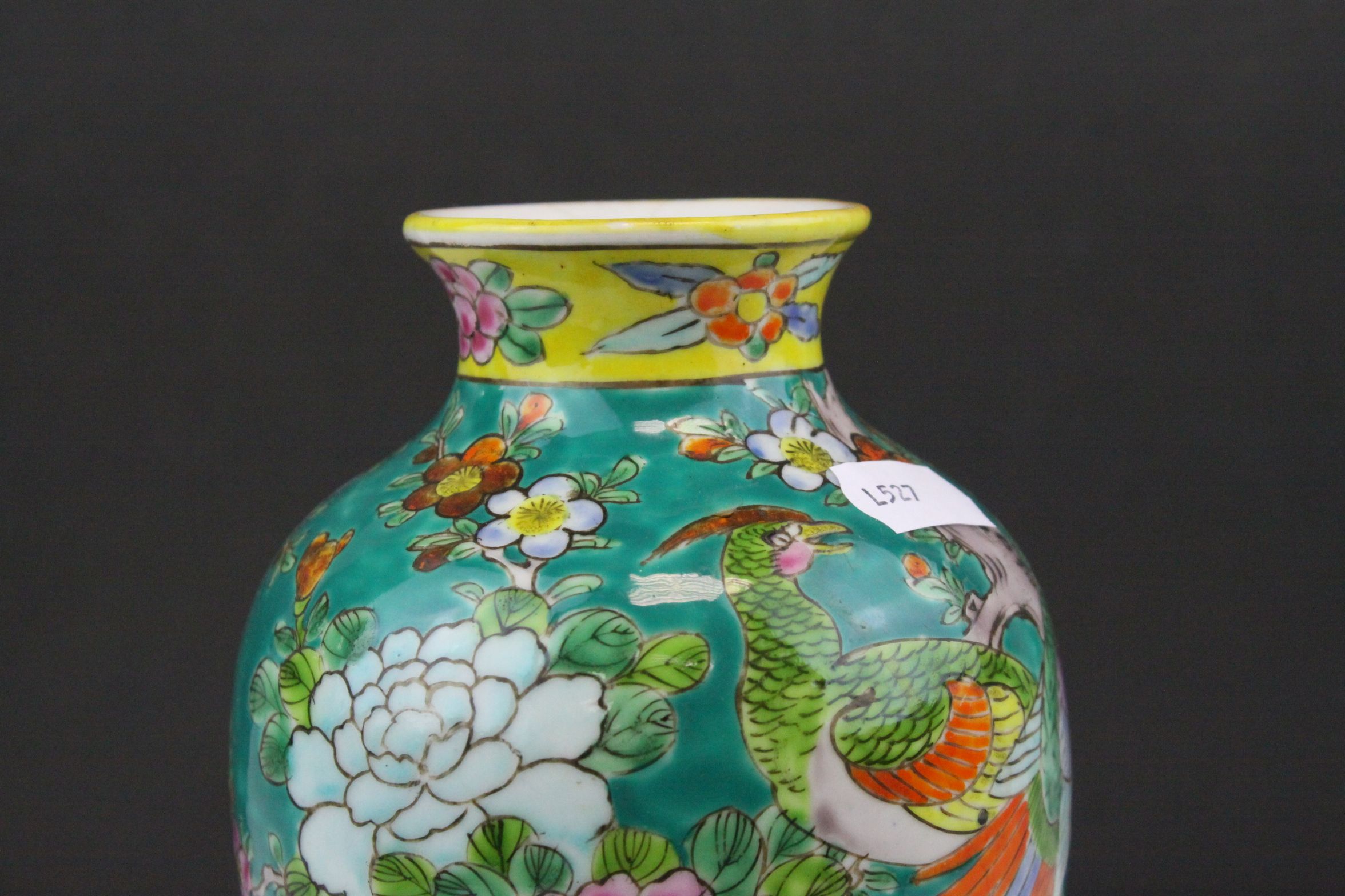 A chinese green ground vase decorated with flowers and exotic birds. - Image 2 of 6
