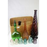 Collection of Coloured Glass Bottles and Vases plus Six Glass Insulators including Dominion-9