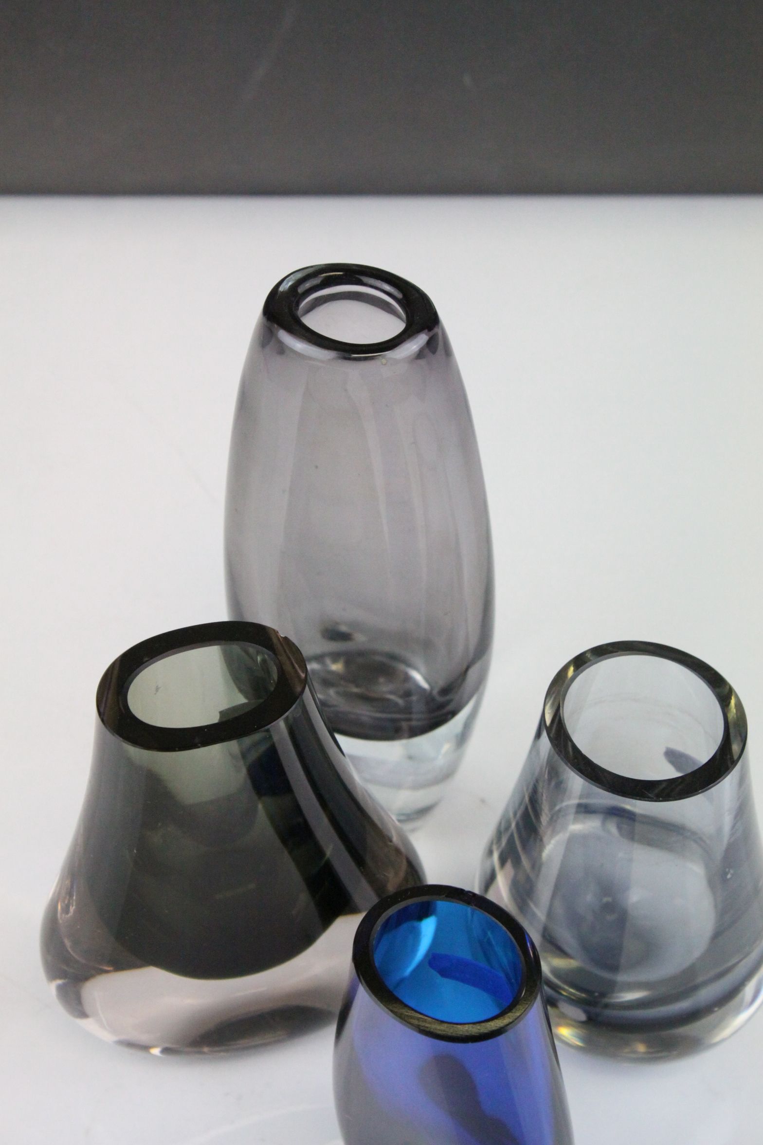 Three Whitefriars Smokey Glass Vases, tallest 20cms high together with a Studio Blue Glass Vase - Image 6 of 10