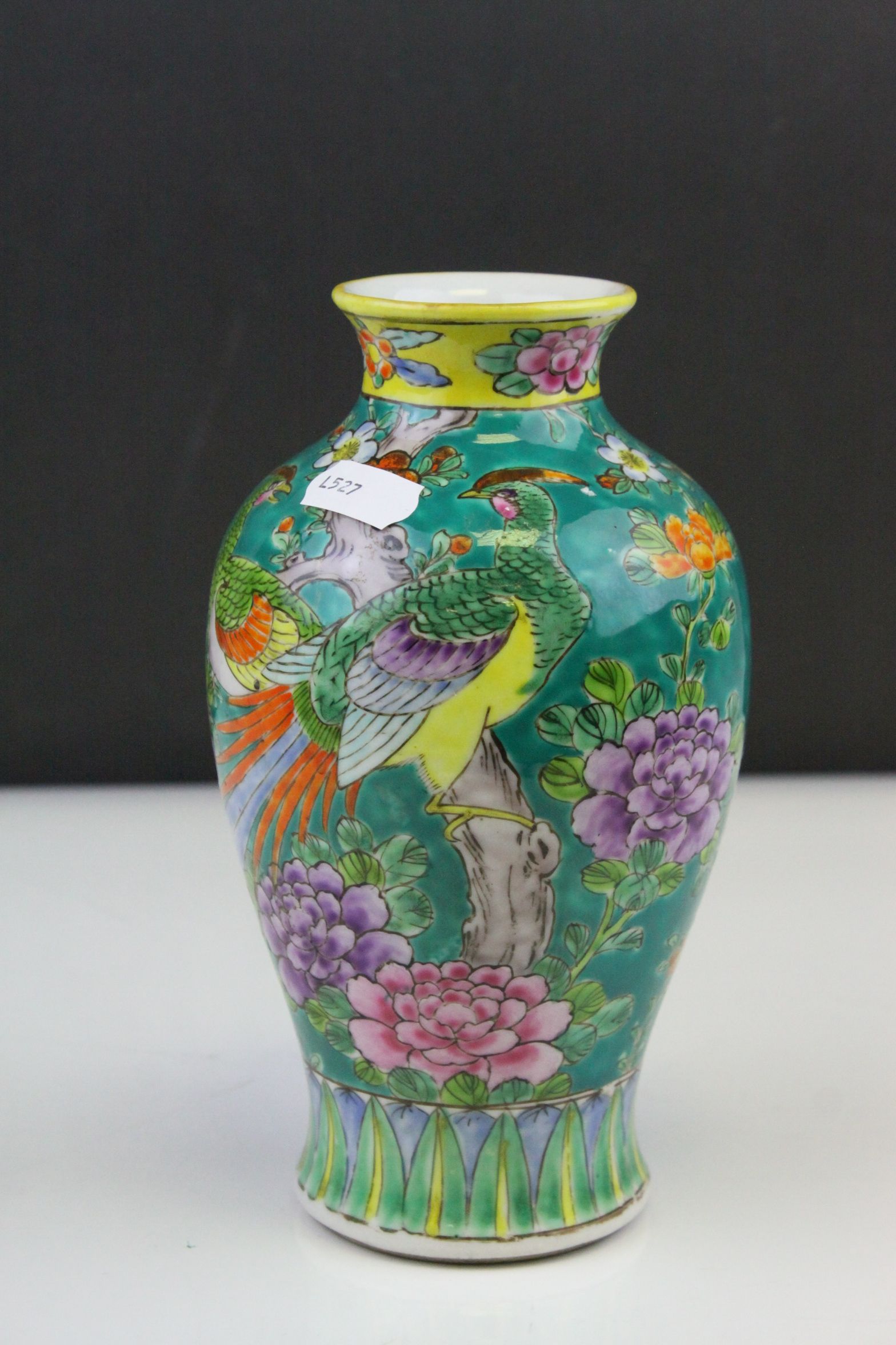 A chinese green ground vase decorated with flowers and exotic birds. - Image 5 of 6