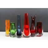 Six Whitefriars Coloured Glass Vases including Small Slender Orange Textured Bark Spill Vase and Red