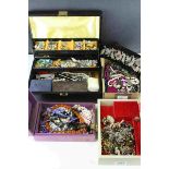 Four boxes of costume jewellery to include vintage beaded velvet belt, bead necklaces, marcasite