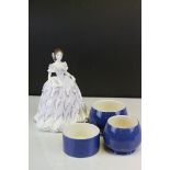 Three Moorcroft Blue and White bowls and a Royal Worcester figurine THE LAST WALTZ.