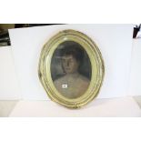 Oval Gilt Framed Oil Painting Portrait of a Young Edwardian Lady