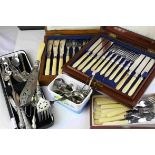 Box of mostly flatware to include fish knives and forks, fish servers, silver handled fruit