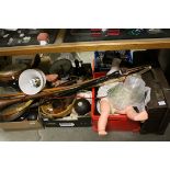 A large quantity of sundries to include brass coaching horn, walking sticks,treen doll etc.