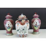 Pair of Famille Rose Baluster Vases and an Imari Vase