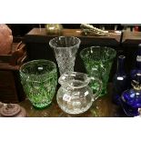Two Green Cut Glass Vases plus another Cut Glass Vase and a Glass Jug