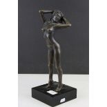 Bronze Nude Female Figure on Wooden Plinth Base, 34cms high