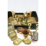 Collection of Copper and Brass Ware including Pair of Brass Candlesticks, Brass Letter Rack,