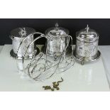Three Silver Plated Biscuit Barrels and Two Silver Plated Wine Bottle Holders and a Brass Model of a