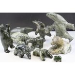 Collection of Ten Inuit Polished Stone / Soapstone Models of Polar Bears, some with Canadian