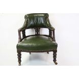 Late 19th century Tub Chair upholstered in Green Leather, on original castors, 73cms high