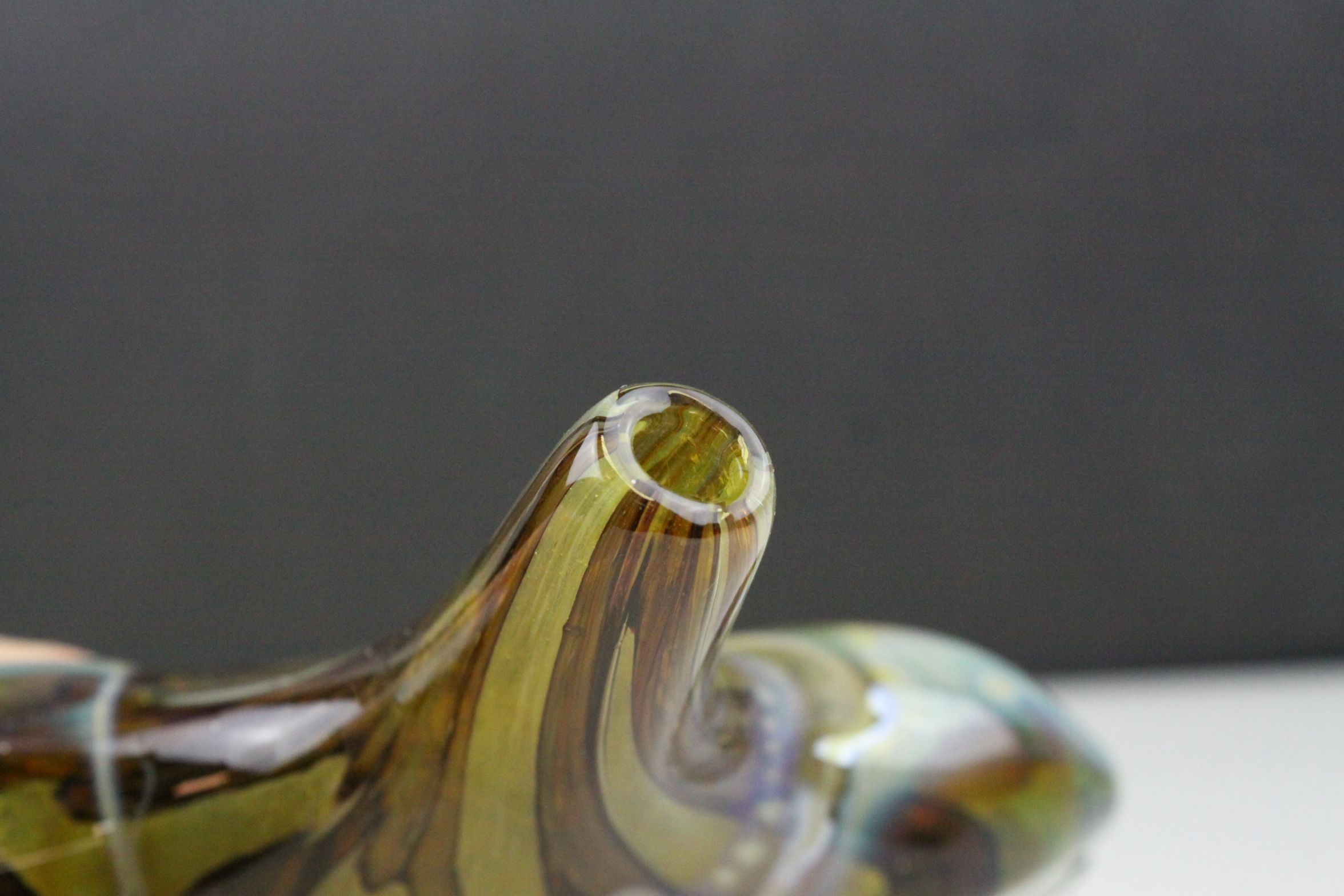 Mdina Glass Axe or Fish Vase with internal brown veins on a yellow / green ground, signed and - Image 6 of 9