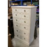 French Style Tall Distressed Painted Chest of Six Drawers, the drawers decorated with moulded relief