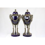 Pair of 19th century French Sevres Style Cobalt Blue Porcelain Lidded Urns, the Ormolu Mounts with