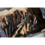 Box of mostly Vintage tools, screwdrivers, wrenches, spoke shaves, etc