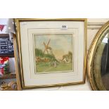 Gilt Framed Signed Watercolour Dutch Scene with Figures in conversation and Windmill in background