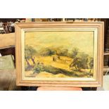 Oil on Board, Country Landscape with Figures, signed