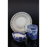 A Chinese 19th century blue and white tankard a willow pattern dish and a creamware comport with