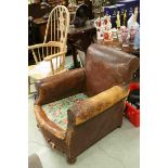 Early 20th century Brown Leather Armchair with Brass Studding, 77cms high